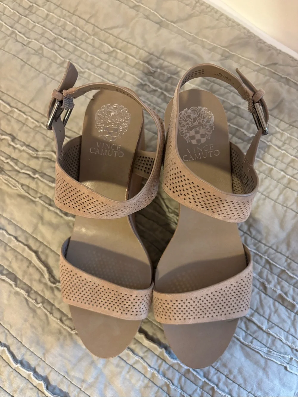 Vince Camuto Taupe Perforated Suede Wedge Sandals